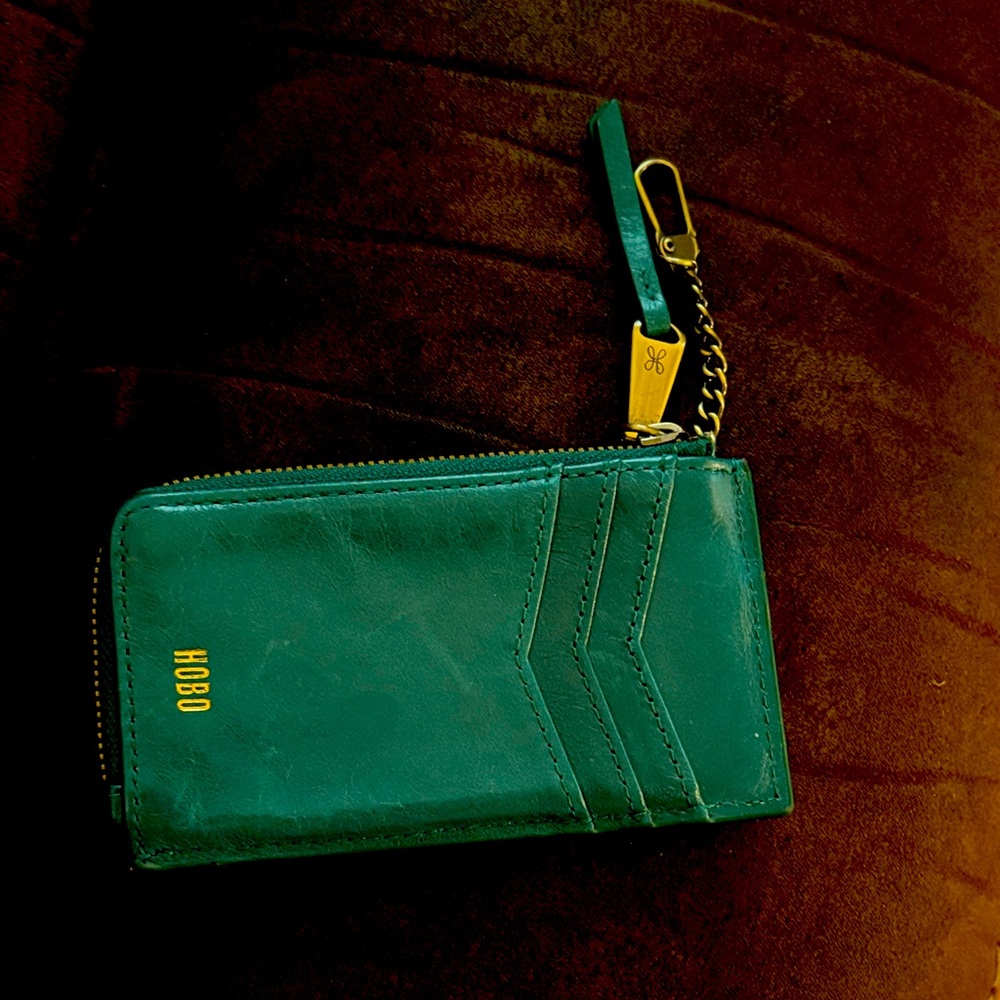 HOBO Teal Leather Card Holder with Gold Chain EUC